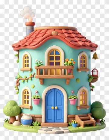 Colorful 3D House With Flower Pots PNG