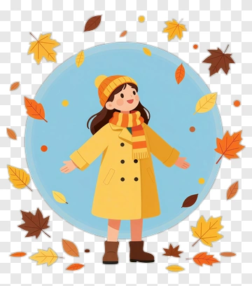 Cartoon Girl In Yellow Coat Surrounded By Autumn Leaves PNG