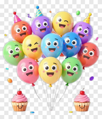 Colorful Balloons With Smiley Faces And Cupcakes PNG