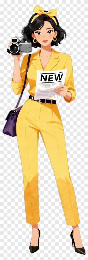 Fashionable Woman Holding A Camera And A Newspaper PNG