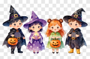 Cartoon Children In Halloween Costumes Holding Candy Buckets PNG