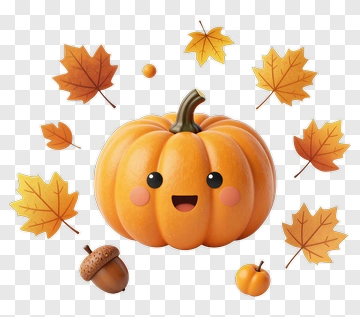 Cartoon Pumpkin With Autumn Leaves PNG