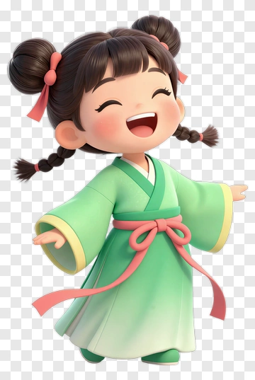 Cartoon Girl In Green Kimono Smiling PNG
