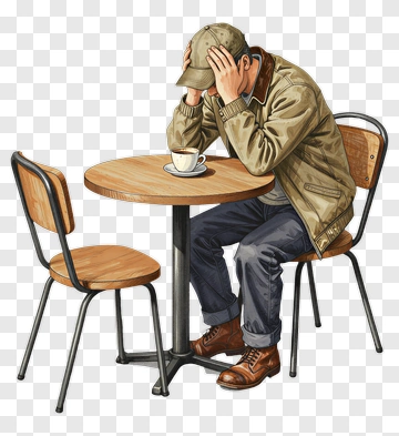 Sad Man Sitting At A Table With A Coffee Cup PNG