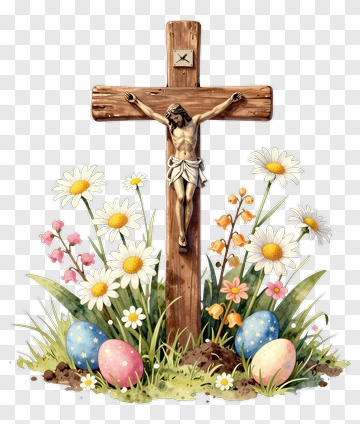 Easter Cross With Flowers And Colorful Eggs PNG