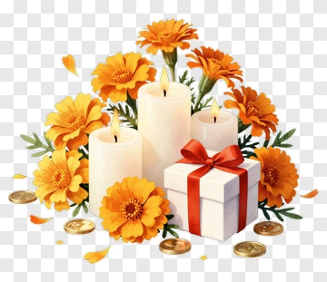 Marigold Flowers With Candles And Gift Box PNG