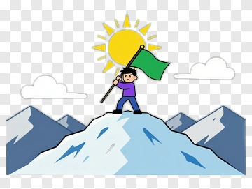 Cartoon Person Holding A Green Flag On A Mountain Peak PNG
