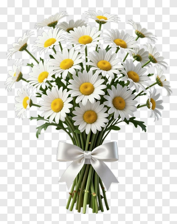 Flower Bouquet With White Daisies And Ribbon PNG