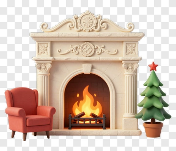 Cozy Fireplace With Christmas Tree And Armchair PNG