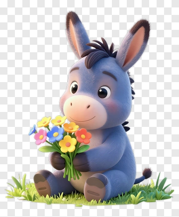 Cartoon Donkey Holding A Bouquet Of Flowers PNG