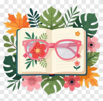 Open Book With Sunglasses And Flowers PNG