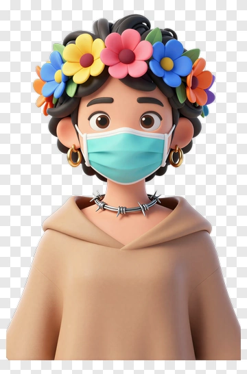 3D Character Wearing A Mask And Flower Crown PNG