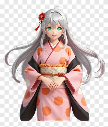 3D Girl In Pink Polka Dot Kimono PNG