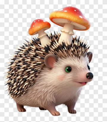 3D Hedgehog With Mushrooms PNG