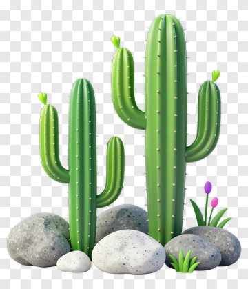 3D Cactus With Rocks And Flowers PNG