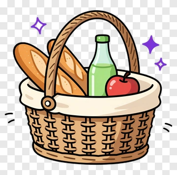Basket Filled With Bread, Apple, And Drink PNG