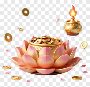 Lotus Flower With Gold Coins And Oil Lamp PNG