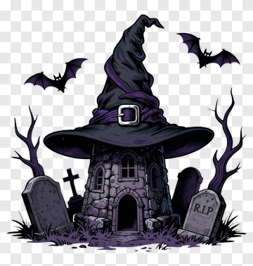 Haunted Witch's Hat Tower With Gravestones And Bats PNG