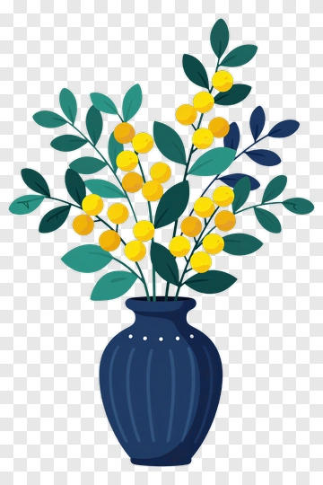 Vase With Yellow Berries And Green Leaves PNG
