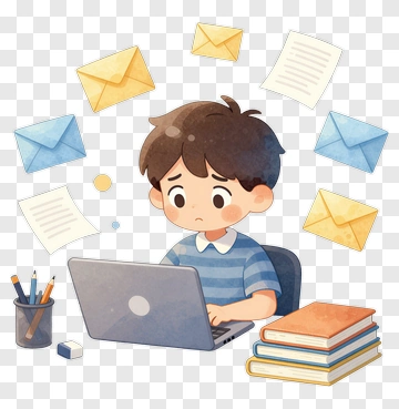 Boy Using Laptop Surrounded By Emails PNG