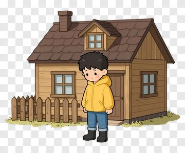 Cartoon Boy Standing In Front Of A House PNG