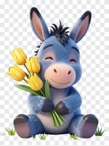 Cartoon Donkey Holding A Bouquet Of Yellow Tulips PNG