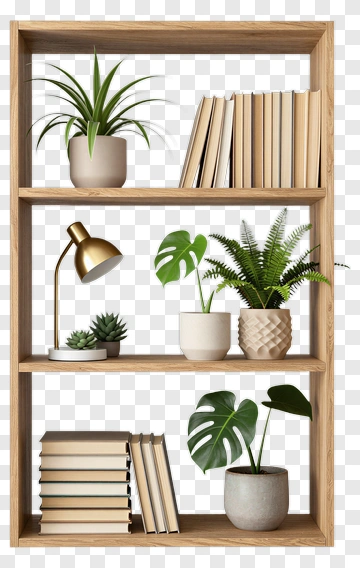 Wooden Bookshelf With Plants And Books PNG