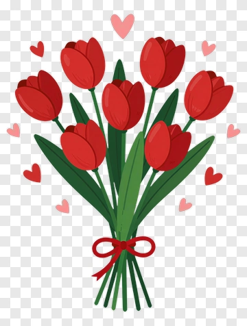 Red Tulip Bouquet With Hearts PNG