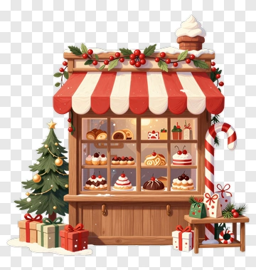 Christmas Bakery Stand With Sweets And Gifts PNG