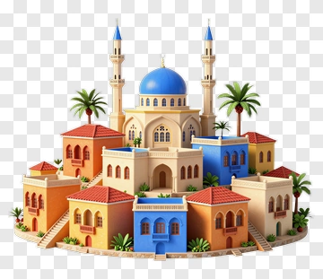 Colorful Middle Eastern Architecture With Mosque And Palm Trees PNG