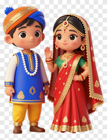 Cartoon Indian Couple In Traditional Attire PNG
