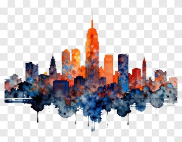 Watercolor City Skyline At Sunset PNG