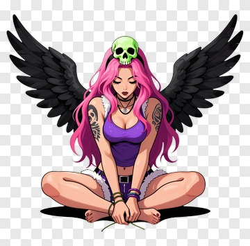 Cartoon Woman With Pink Hair And Skull Headpiece PNG
