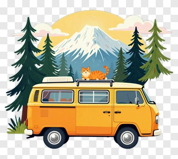 Vintage Yellow Camper Van With Cat In The Mountains PNG