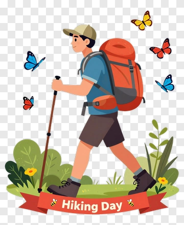 Hiking Day Illustration With Hiker And Butterflies PNG