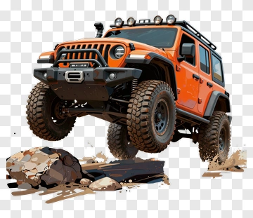 Off-Road Orange Jeep Jumping Over Rocks PNG