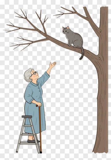 Elderly Woman Reaching For Cat In A Tree PNG