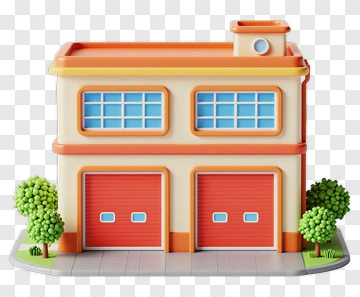 3D Building With Garage Doors And Trees PNG