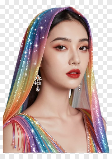 Fashion Model With Colorful Shimmering Headscarf PNG