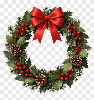 Christmas Wreath With Red Bow And Pine Cones PNG