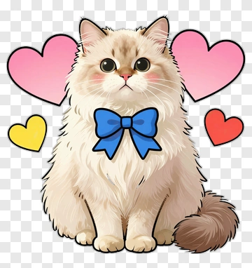 Cartoon Cat With Blue Bow And Colorful Hearts PNG
