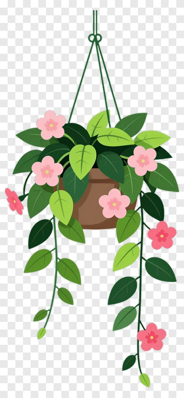 Hanging Flower Pot With Pink Flowers PNG