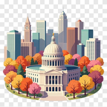 Cityscape With Government Building And Autumn Trees PNG