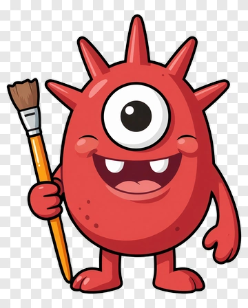 Cartoon Red One-Eyed Monster Holding Paintbrush PNG