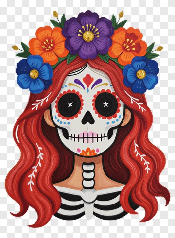 Colorful Sugar Skull Woman With Floral Crown PNG