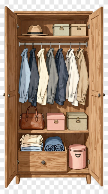 Wooden Wardrobe With Clothes And Accessories PNG