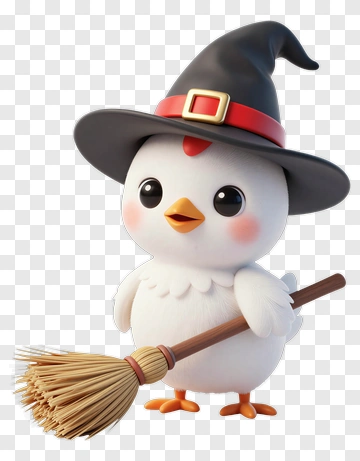 Cartoon Chicken Wearing A Witch Hat Holding A Broom PNG