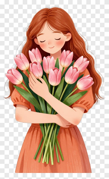 Girl Holding A Bouquet Of Pink Tulips PNG