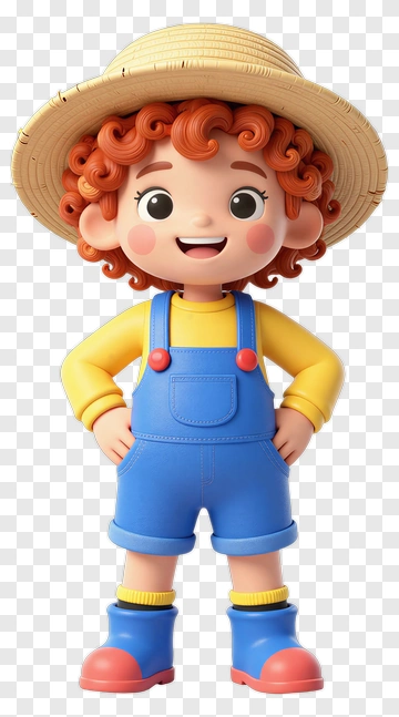 3D Cartoon Boy In Overalls And Straw Hat PNG