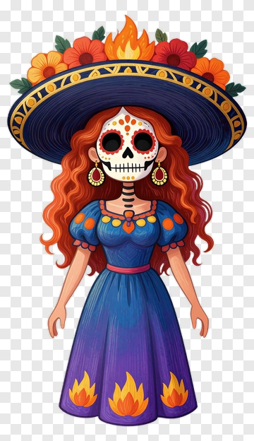 Colorful Sugar Skull Woman In Traditional Dress PNG
